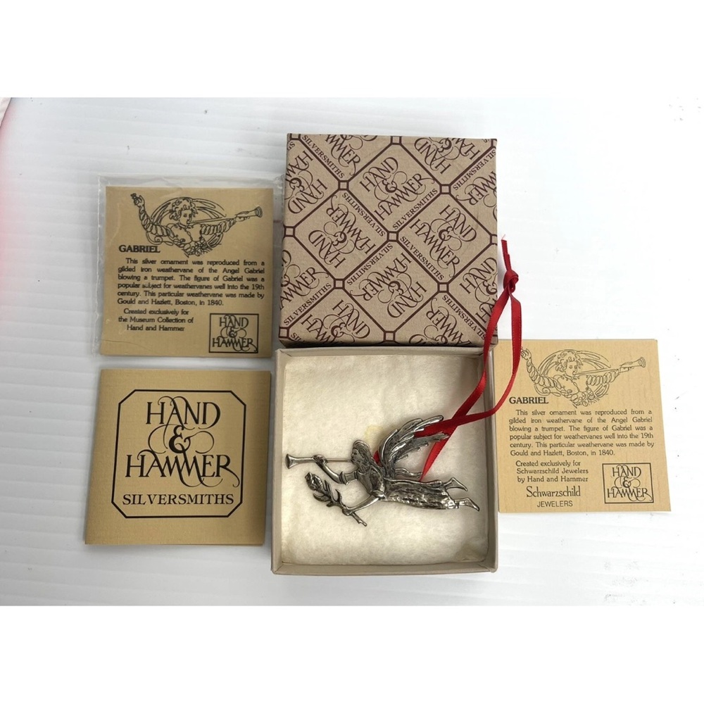 Vintage STERLING SILVER HAND & HAMMER GABRIEL Angle ORNAMENT ORIGINAL BOX CARD
